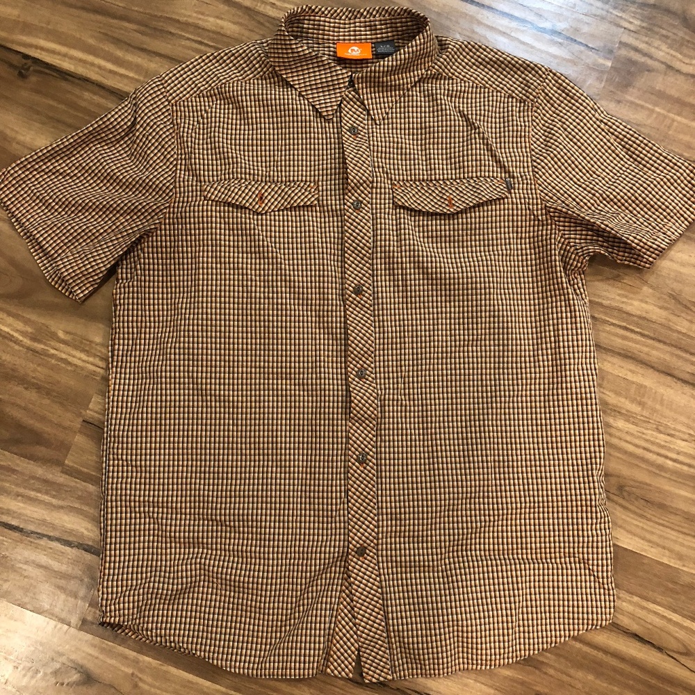 Merrell Mens Orange Red Plaid Button Up Shirt